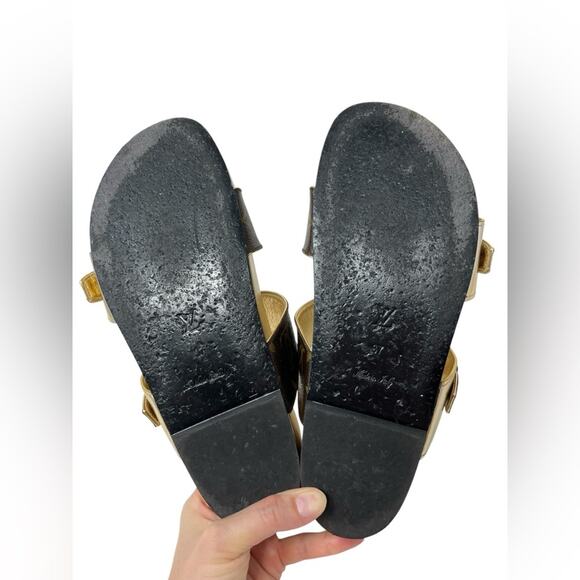 Louis Vuitton Brown Gold Buckle Bom Dia Monogram Flat Slide Sandals 37 Mule - Picture 7 of 8